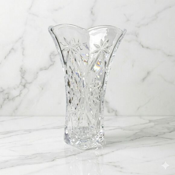 Other - Vintage Heavy Cut Crystal Trumpet Vase Hexagon Starburst Base Scalloped Rim